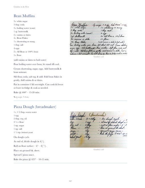 A sample page: Bran Muffins and Pizza Dough, each with the handwritten card beside it